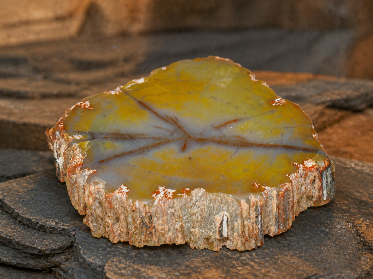 Angled polished petrified wood slice from the Henry Mountains, Utah on dark geological strata