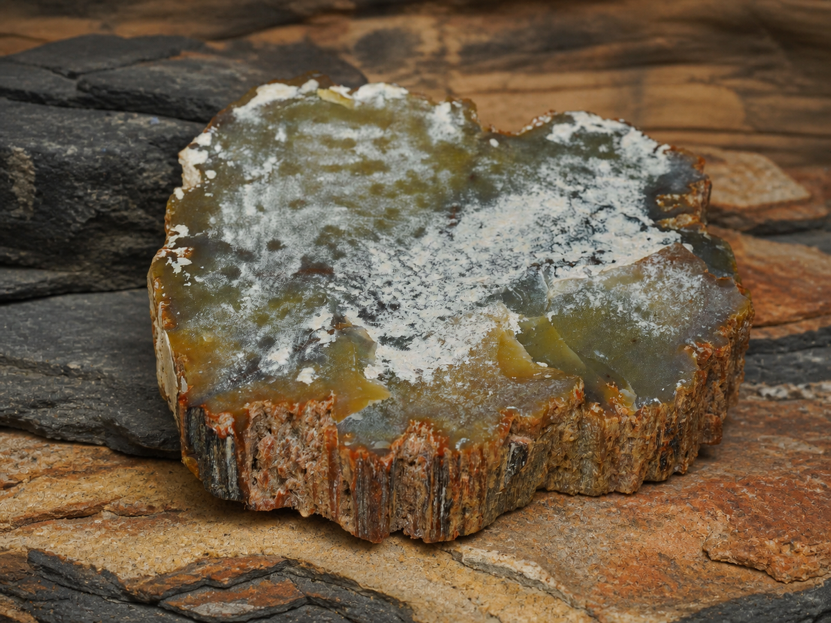 Back and natural edge detail of a Henry Mountains petrified wood slice on layered rock