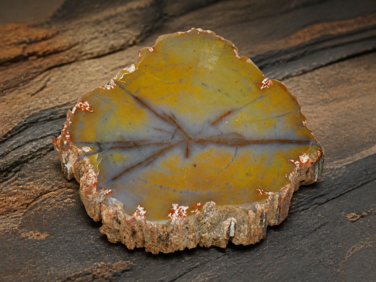 Front view of a polished Henry Mountains petrified wood specimen showing natural growth lines
