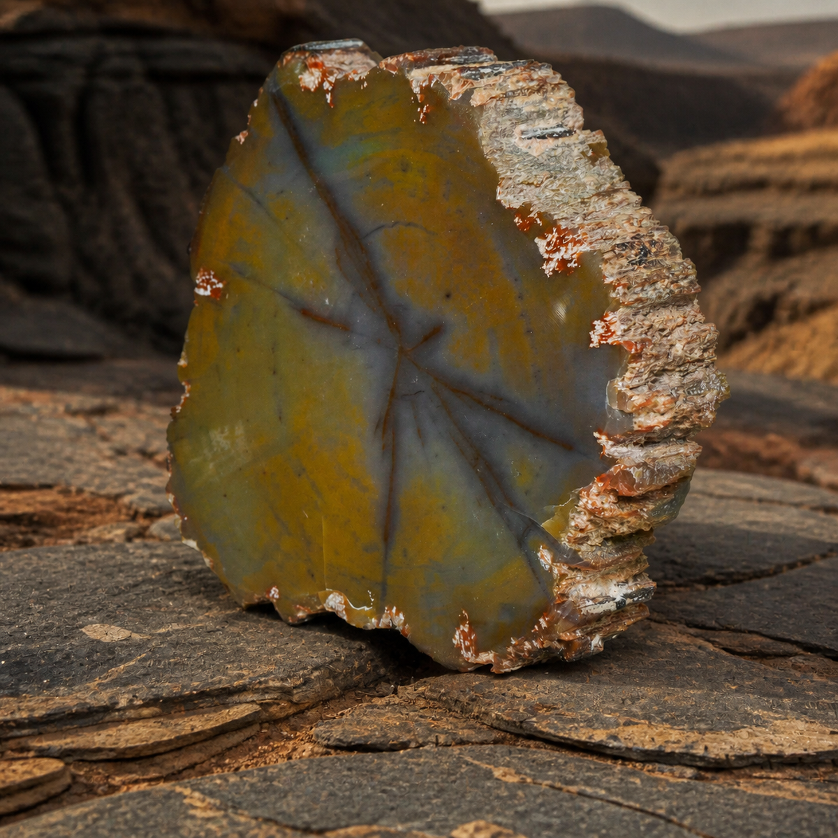 Natural bark edge and polished face of a Henry Mountains petrified wood slice