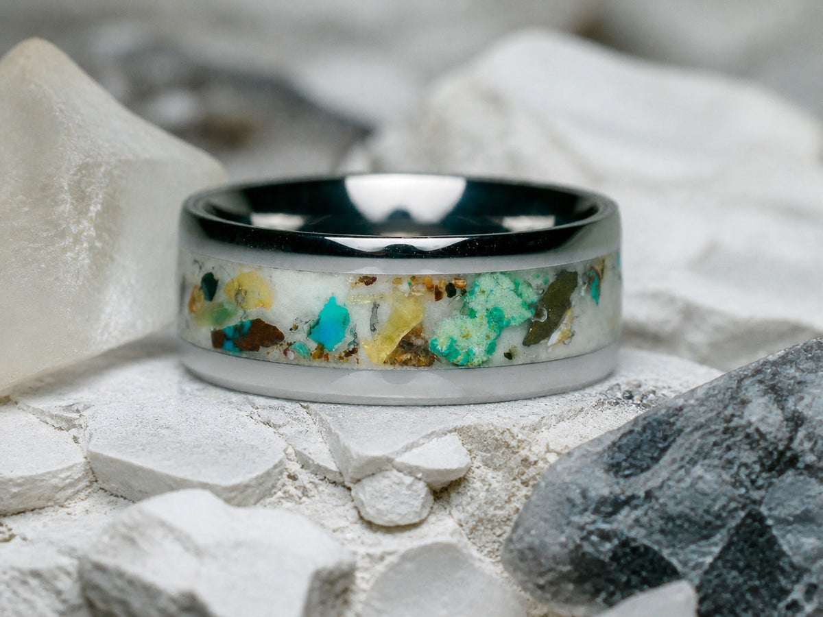 Close view of The Remnant Archive Ring among white mineral textures