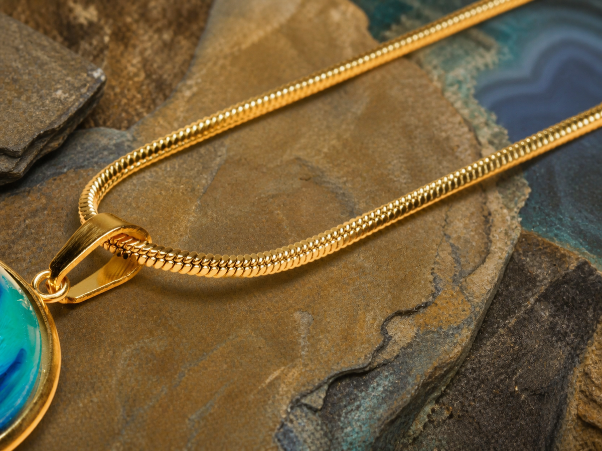18K gold plated chain and pendant bale with blue resin and ink art on natural stone