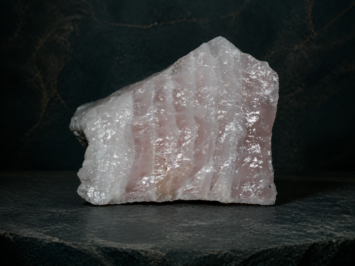 Front view of a rough pale pink rose quartz specimen