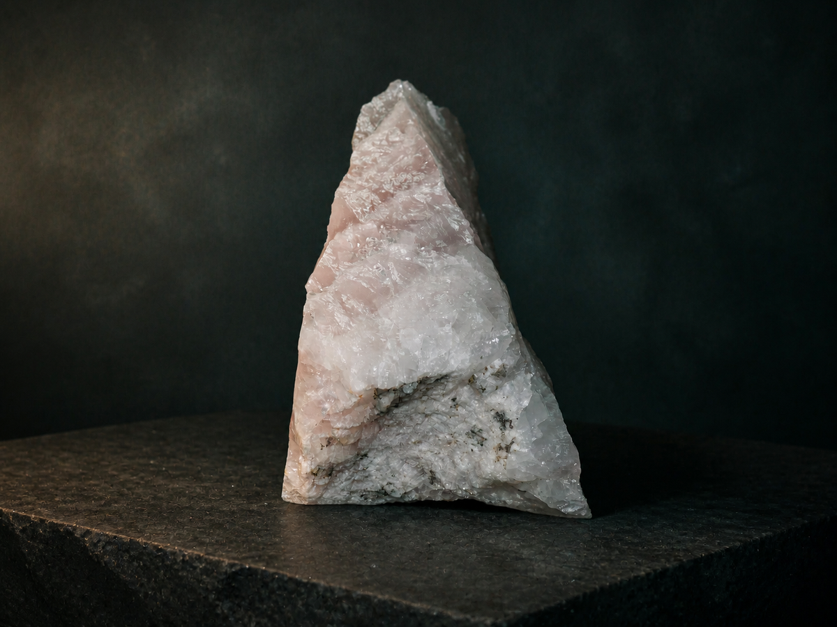 Rough pale pink rose quartz specimen on a dark stone plinth