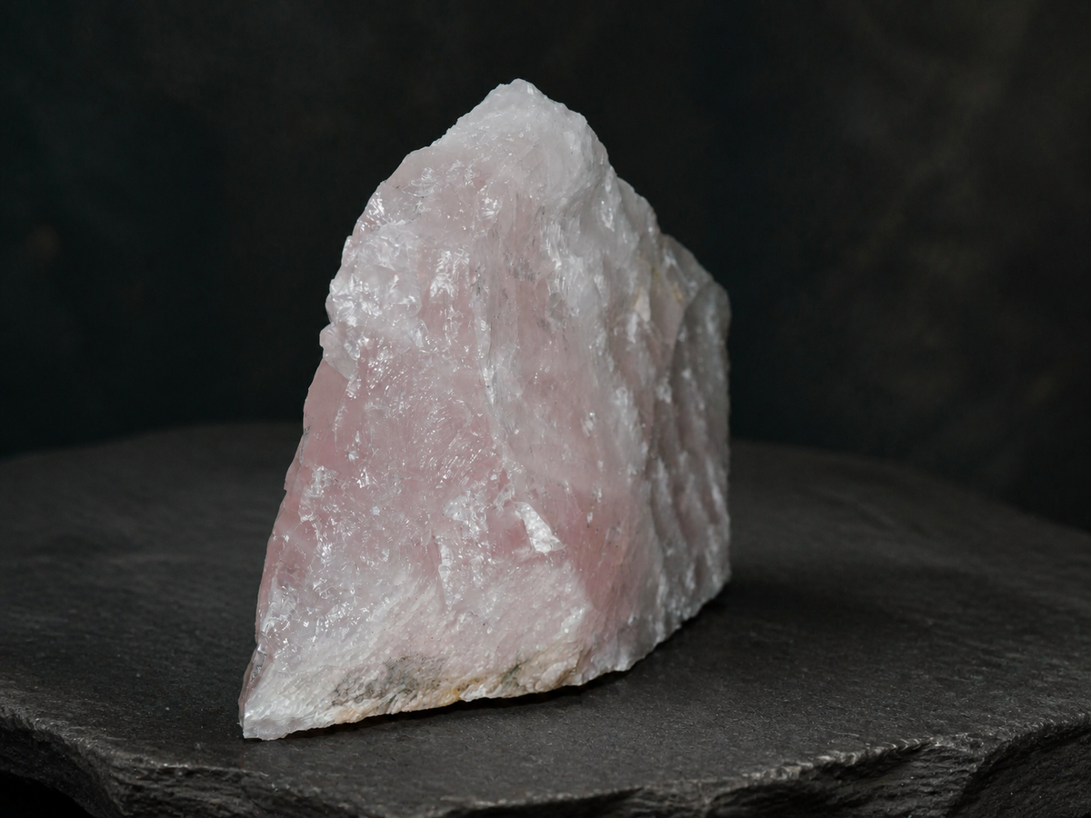 Rear angle of a natural rough rose quartz specimen