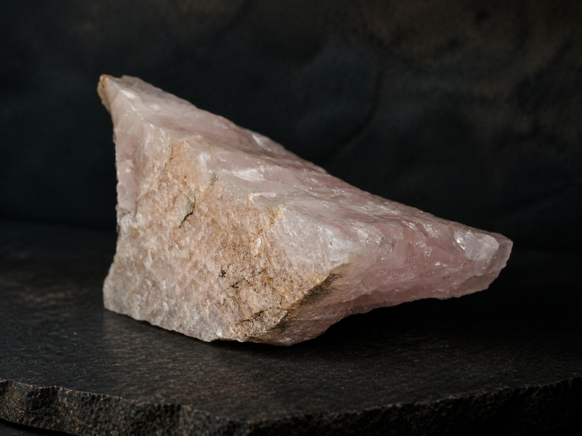 Side view showing the natural thickness and rough matrix of a rose quartz specimen