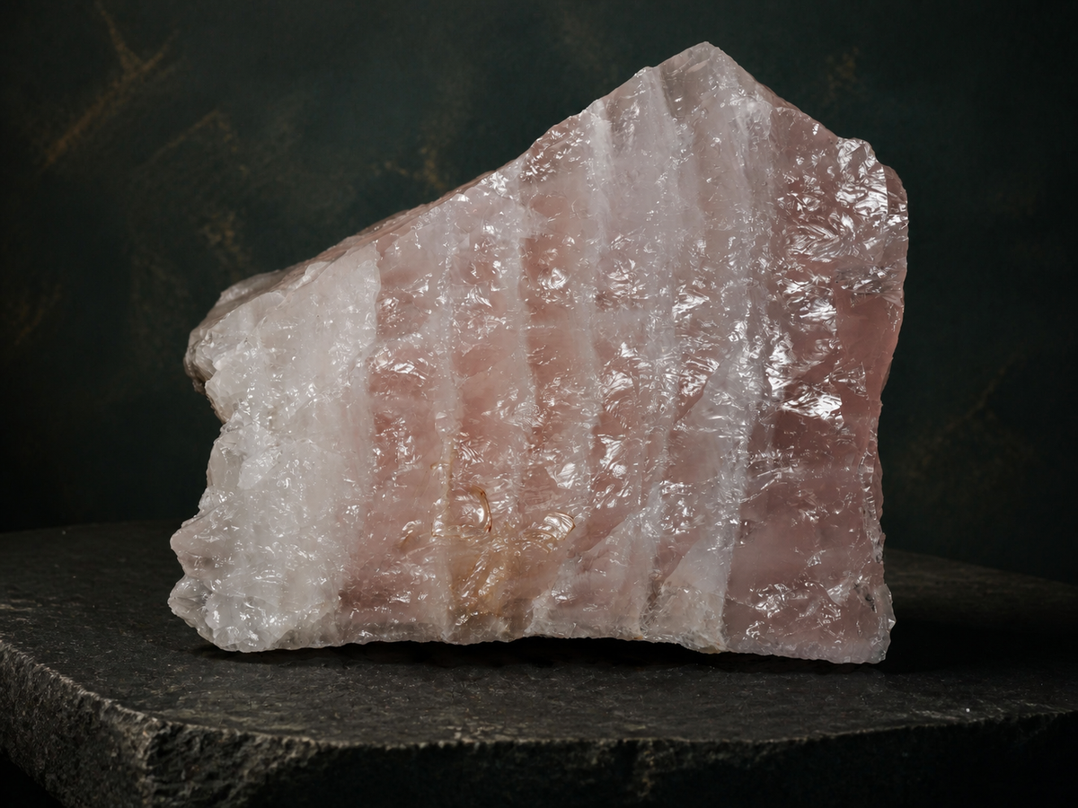 Texture detail of pale pink rose quartz with natural inclusions