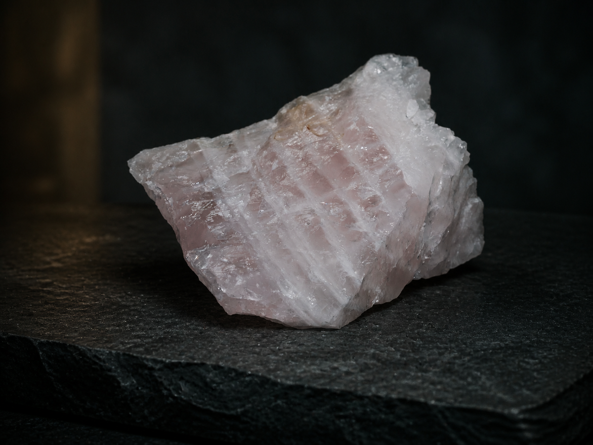 Top angle showing the irregular form and translucent pink quartz surfaces