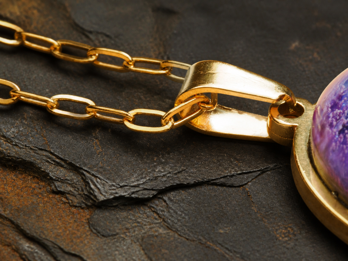 18K gold-plated bail and fine chain beside the Rose Tide Orbit round pendant