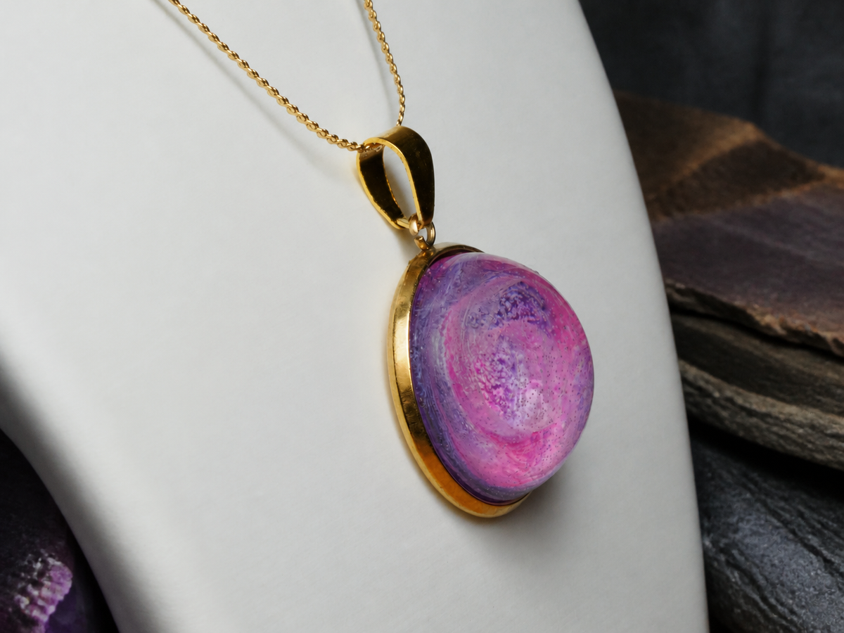 Angled close-up of the Rose Tide Orbit round resin pendant on a white display form