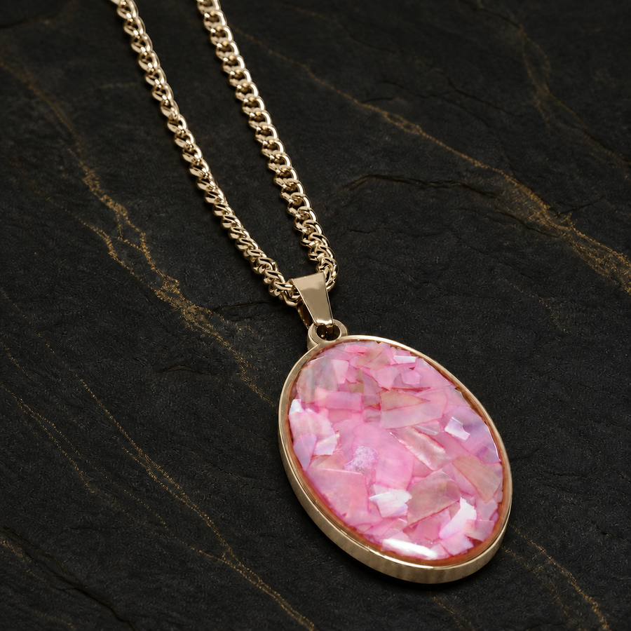 Roselight Oval pink abalone shell pendant on dark geological slate