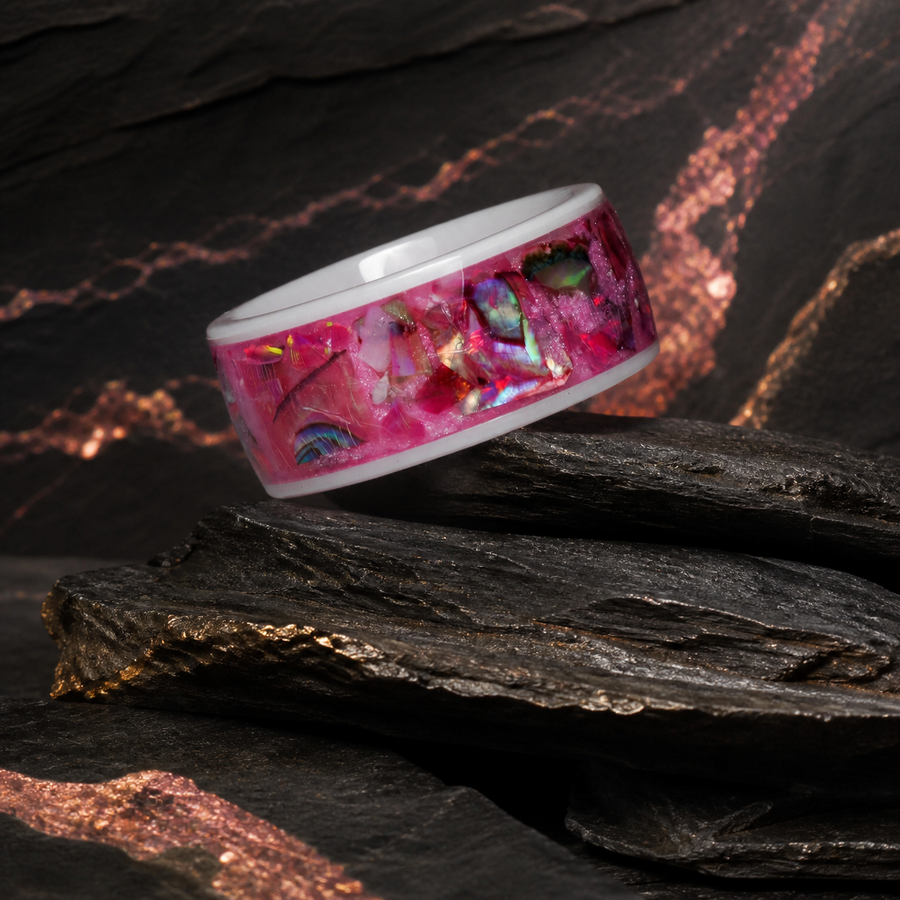 Rosetide Lumina pink iridescent inlay ring on dark stratified stone