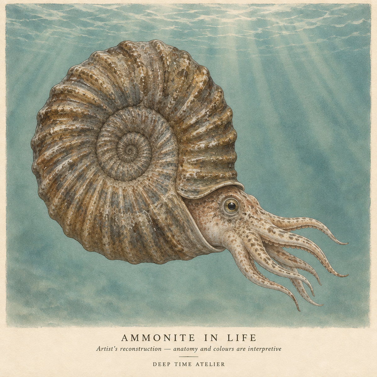 Interpretive watercolour reconstruction of an ammonite swimming in an ancient ocean.