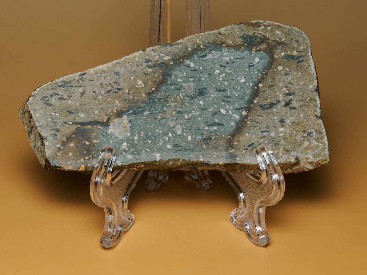 Angled view of the 93 g Queensland rock slab on a clear display stand