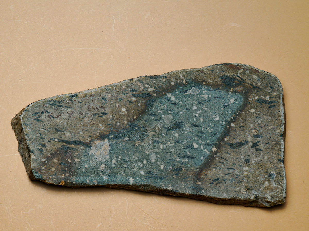Close view of the blue-grey field, pale flecks and dark banding in the silicified pyroclastic slab