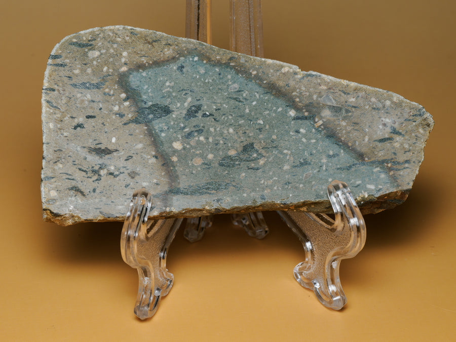 Front of a 93 g silicified pyroclastic rock slab from Queensland, showing a blue-grey centre, brown outline and pale fragments
