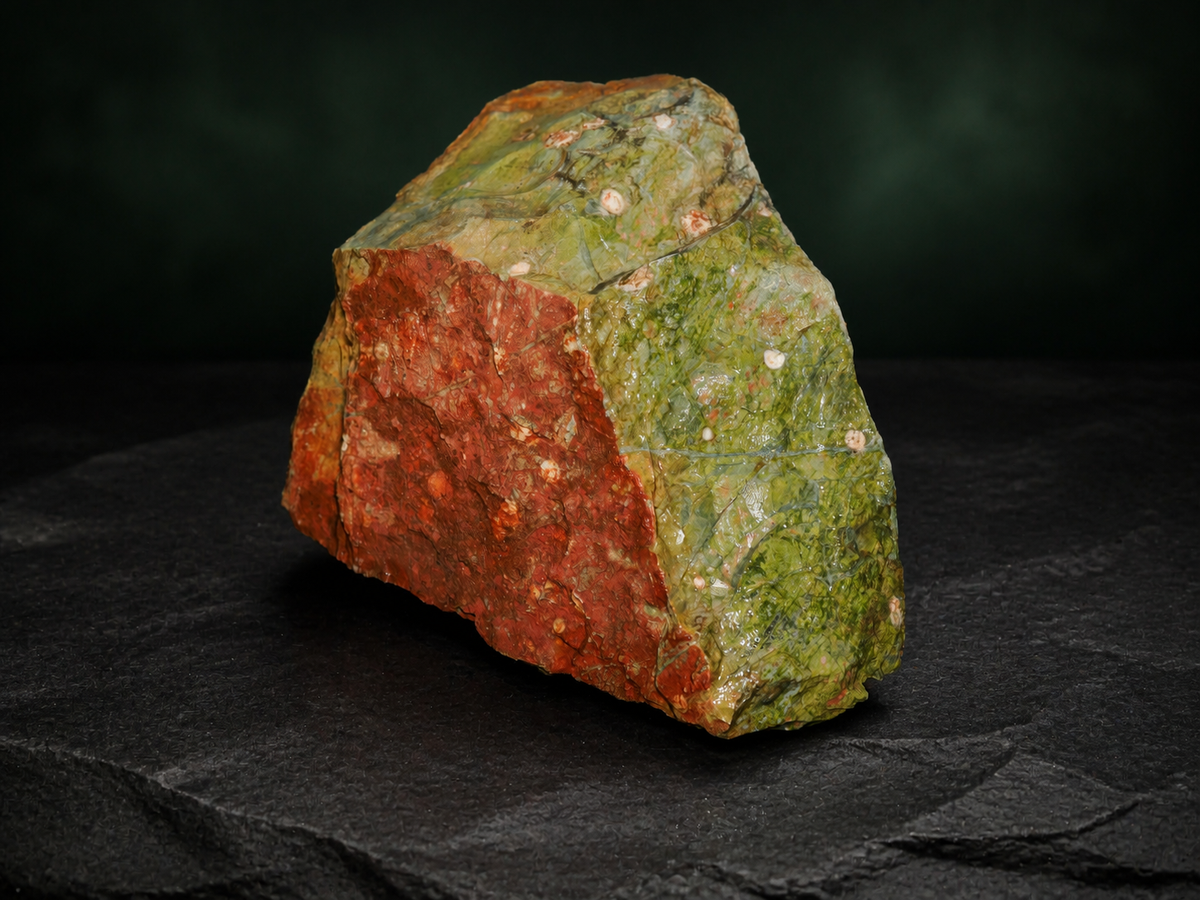 Spherulitic rhyolite display specimen with green, red and cream volcanic pattern