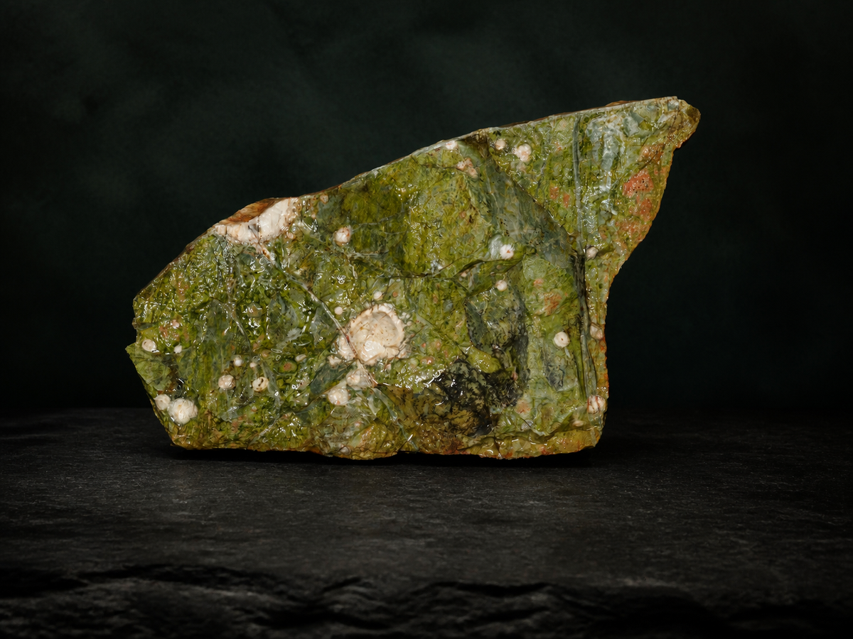 Side view of a spherulitic rhyolite display specimen with pale spherulites