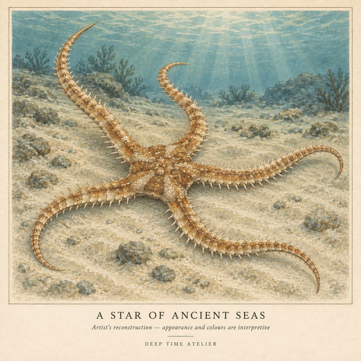 Interpretive watercolour reconstruction of a five-armed brittle-star-like animal on an ancient seabed. Appearance and colours are speculative. Deep Time Atelier.