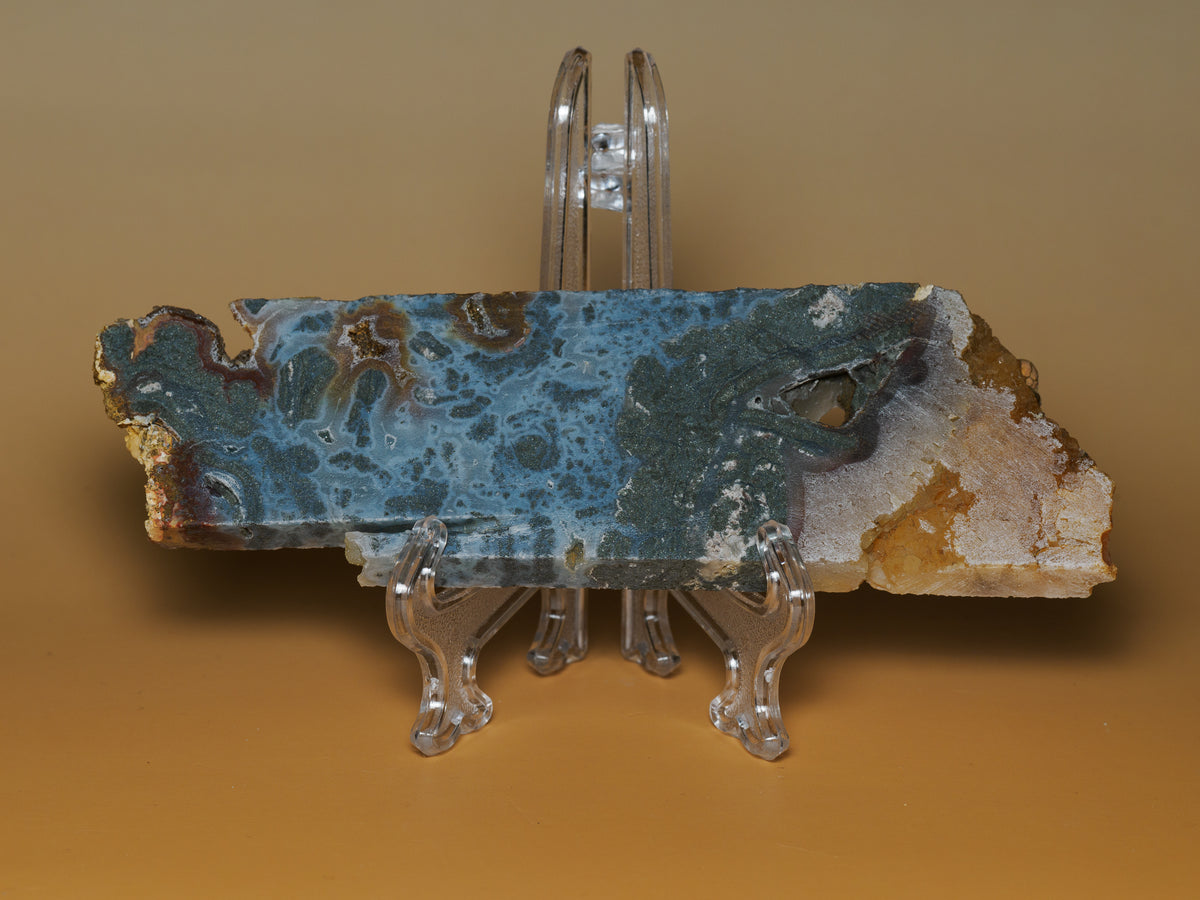 Reverse face of the marcasite-labelled Sulawesi slab on a clear display stand