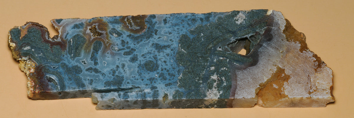 Marcasite-labelled slab laid flat, showing its elongated natural outline and blue-grey pattern