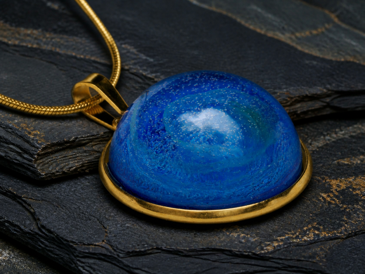Angled macro view of the Tethys Gyre pendant showing its domed blue surface and 18K gold-plated bezel