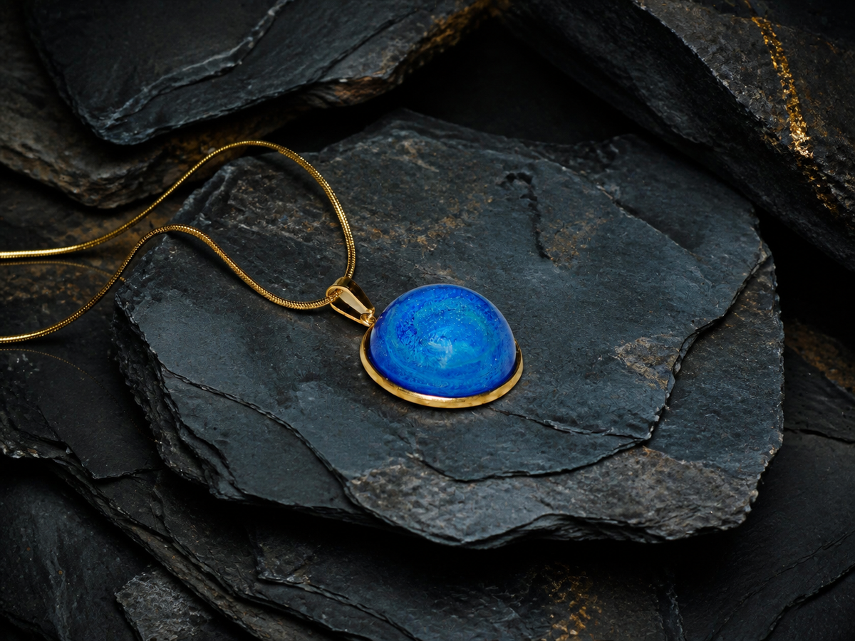 Low angled view of the domed Tethys Gyre pendant and gold-plated chain on charcoal slate