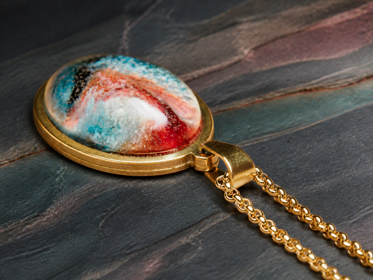 Detailed resin dome and gold setting of the Thermal Rift oval pendant
