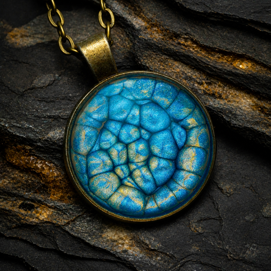 Thevenard Vein blue and antique-gold round pendant on dark stratified stone
