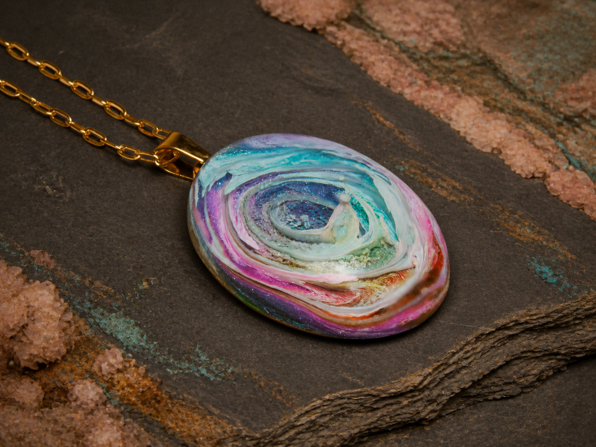 Oval gold-plated pendant with multicolour alcohol-ink resin artwork on a mineral slab