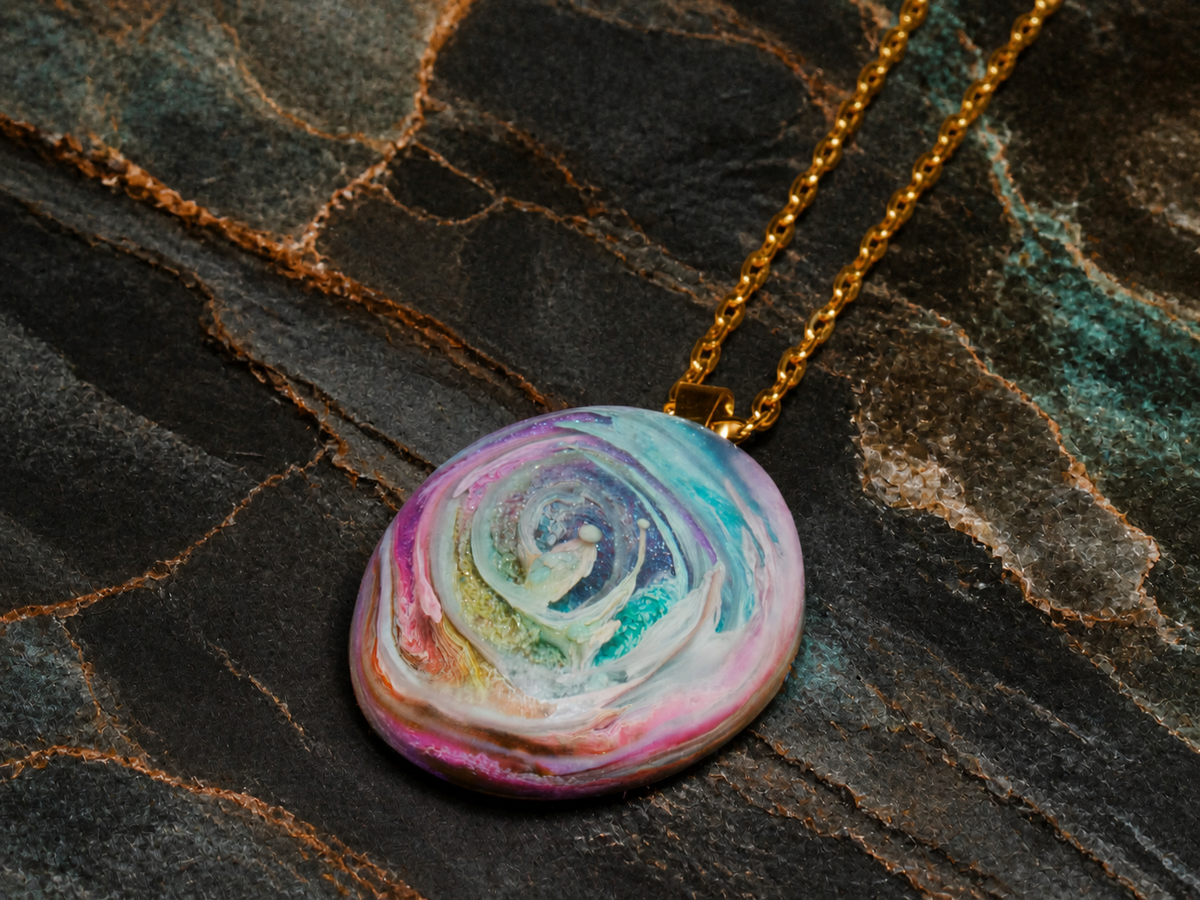 Close-up oval gold-plated pendant with swirled alcohol inks in clear resin on dark slate