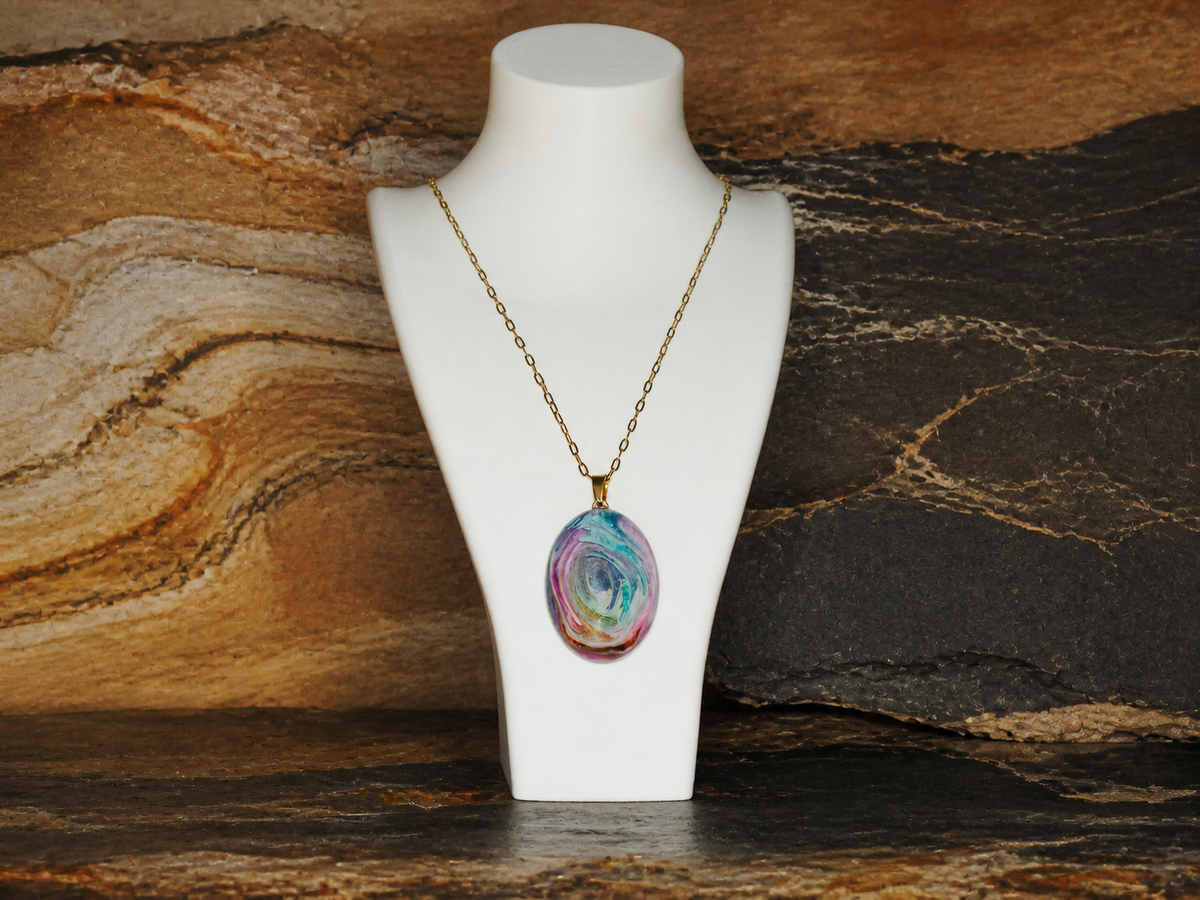 Front view of oval gold-plated pendant and chain on a necklace bust with sandstone and slate