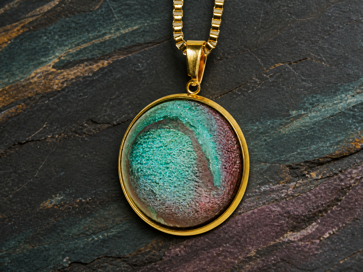 Front close-up of the aqua and mauve Tidal Patina alcohol-ink resin pendant