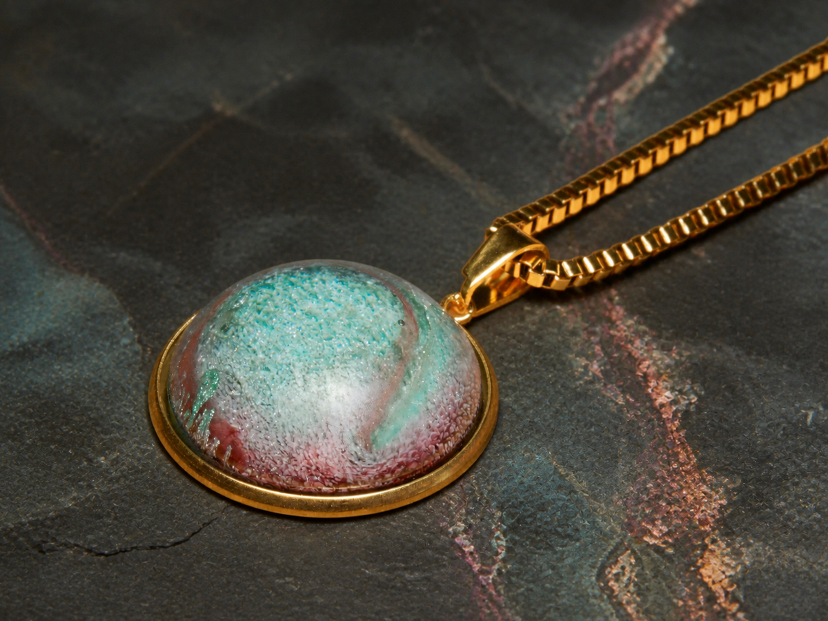 Low-profile view of the Tidal Patina resin dome and 18K gold-plated box chain