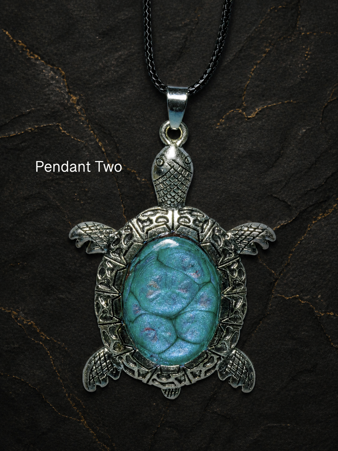 Pendant Two hand-painted turquoise turtle pendant front view