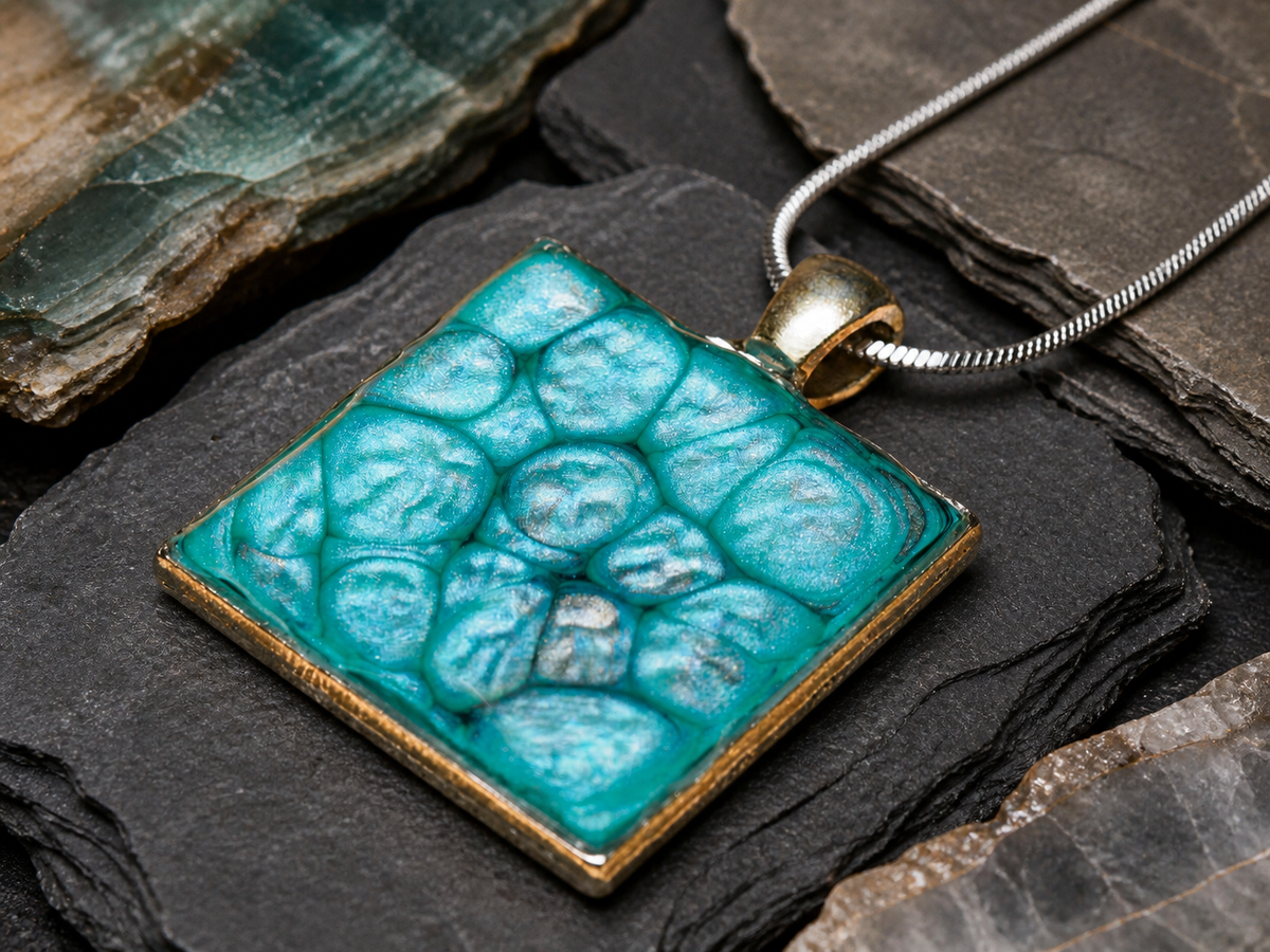 Silver square enamel and resin pendant with 45cm silver plated chain on earthy stone
