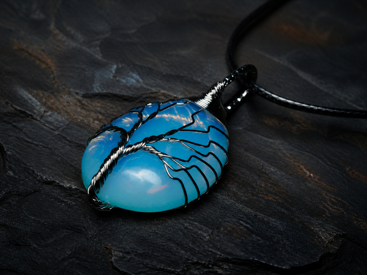 Blue Ember silver wire-wrapped Tree of Life pendant with blue and golden-yellow stone