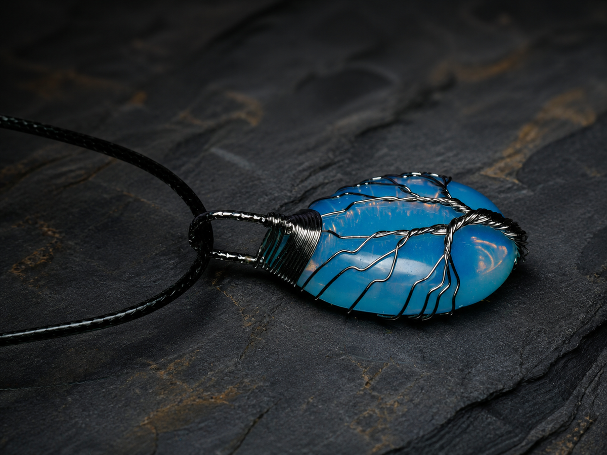 Blue Ember silver wire-wrapped Tree of Life pendant with blue and golden-yellow stone