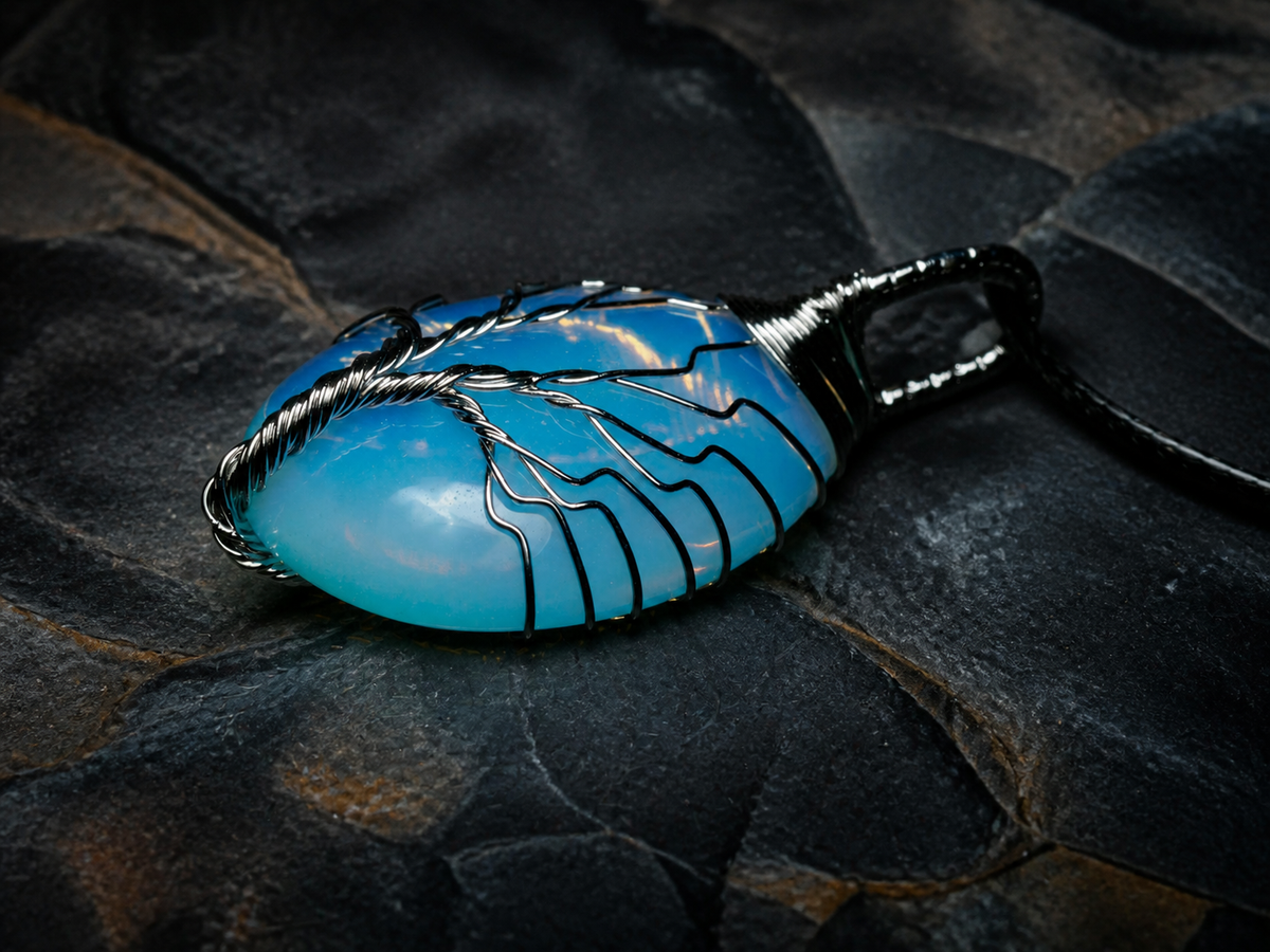 Blue Ember silver wire-wrapped Tree of Life pendant with blue and golden-yellow stone