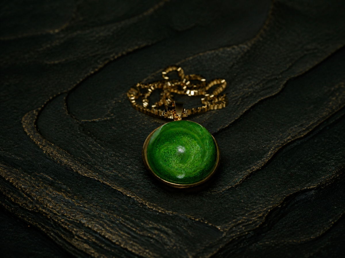 Round green dome pendant with gold-plated bezel and loose box chain