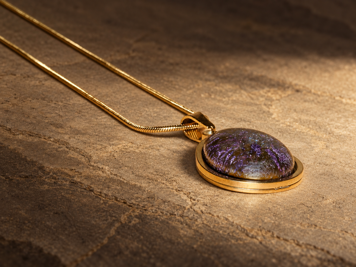 Angled detail of the Violet Orbit pendant and gold-plated snake chain