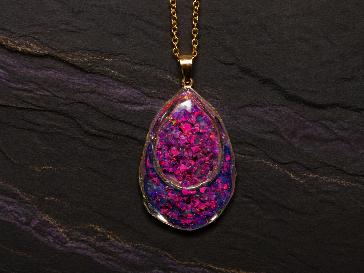 Violet Rift pink and purple Bello Opal double teardrop pendant