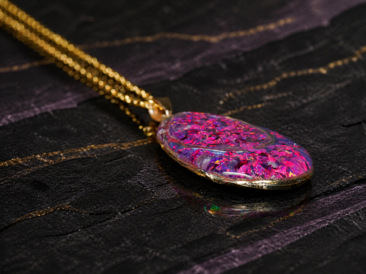 Low side view showing the clear resin finish of the pendant