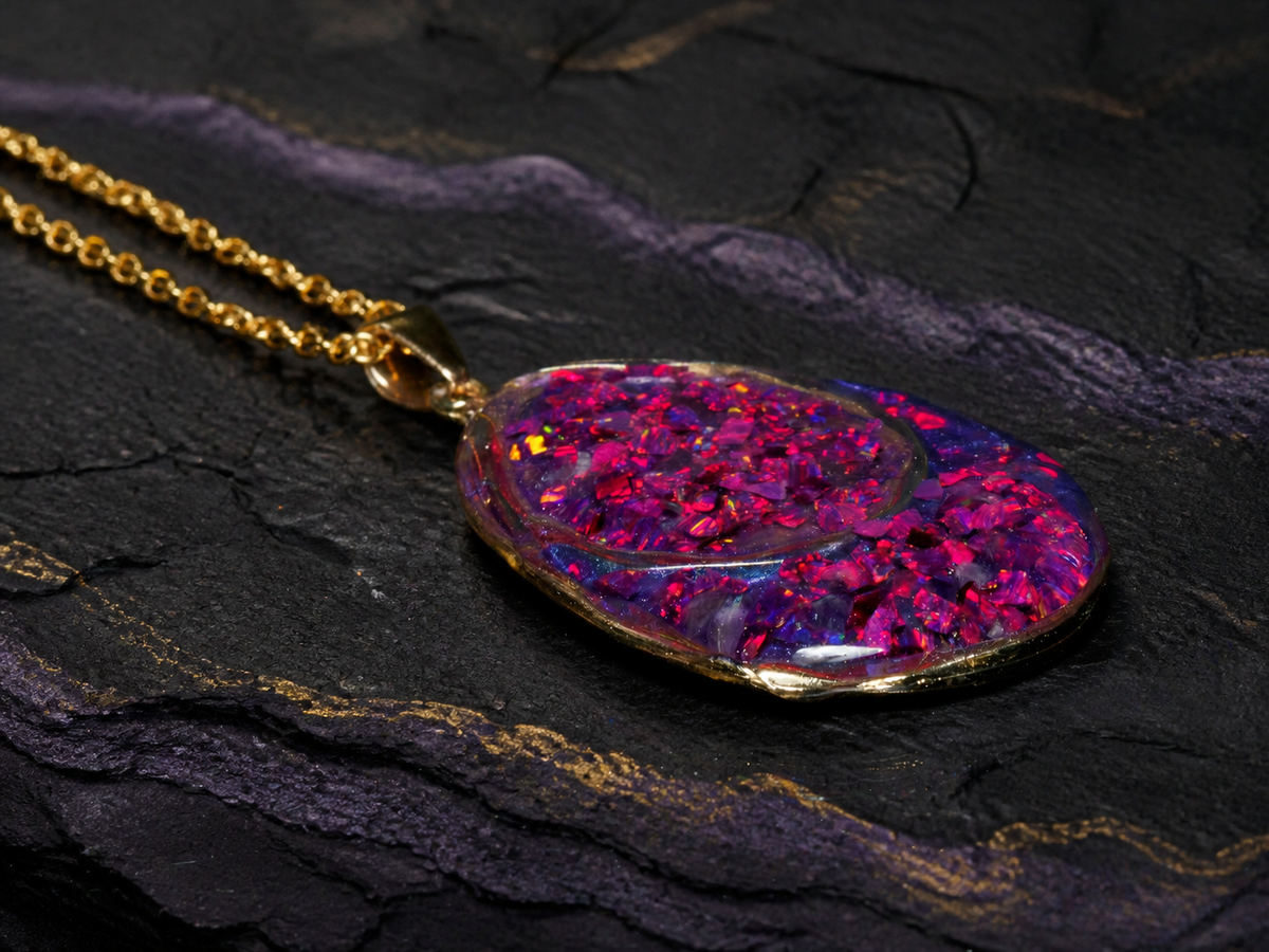 Close-up of pink and purple Bello Opal fragments under clear resin
