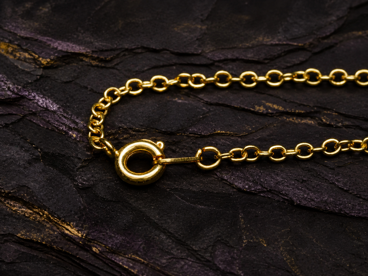 Close-up of the fine gold-toned chain and spring-ring clasp