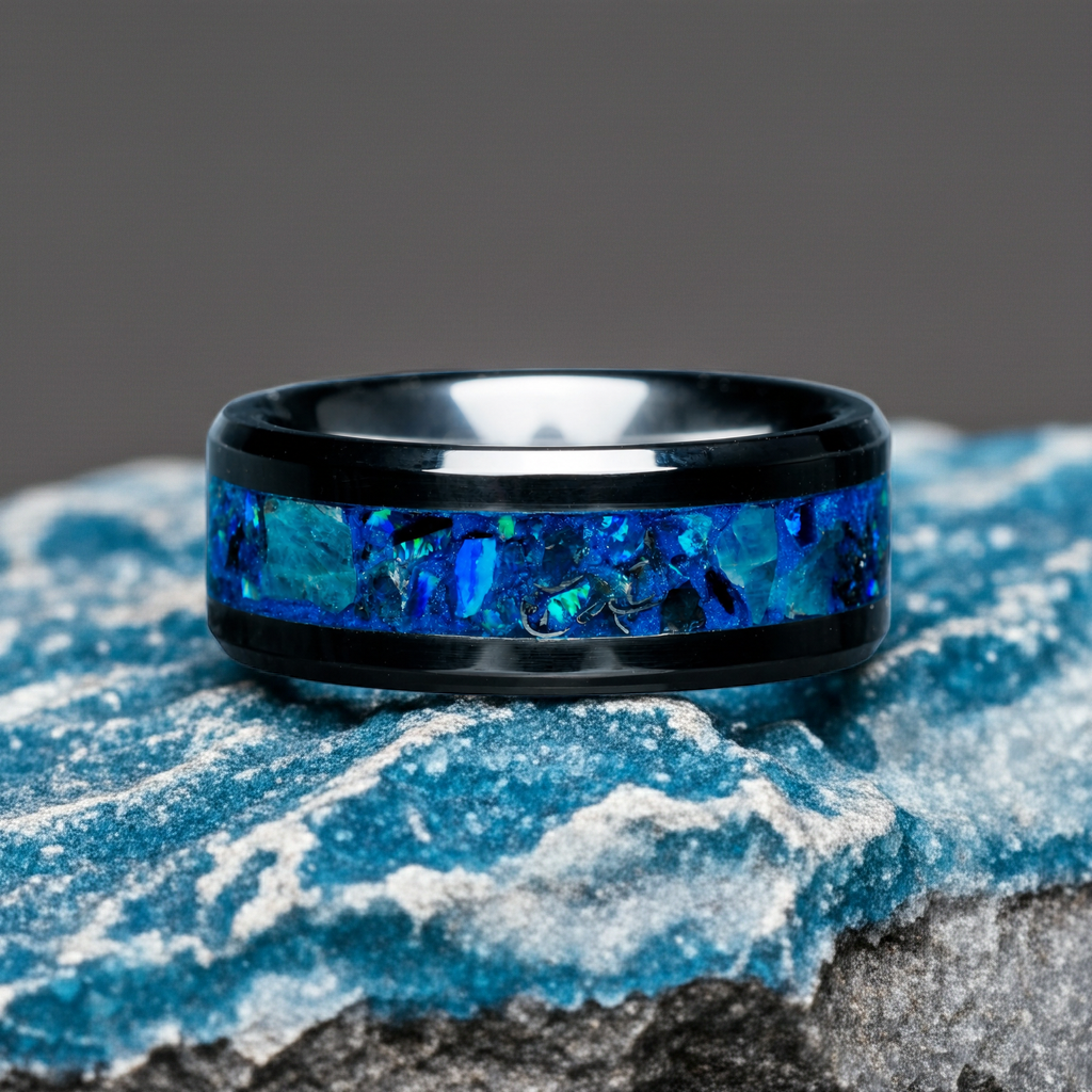 Abyssal Impact blue opal and apatite tungsten ring, front view