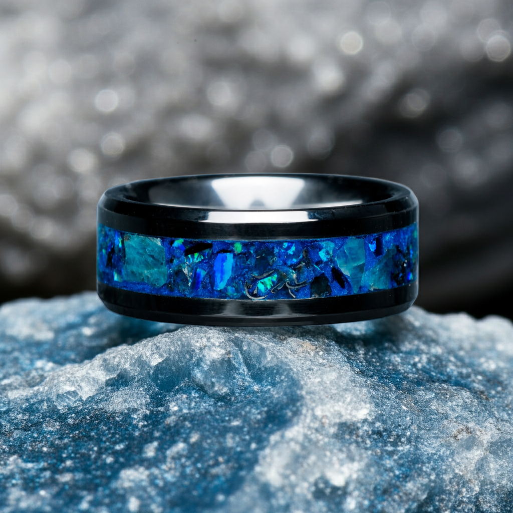 Abyssal Impact ring showing layered blue opal and apatite inlay