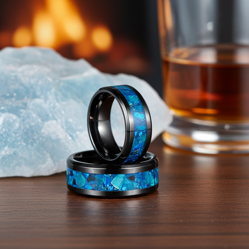 Abyssal Impact blue inlay ring, side view