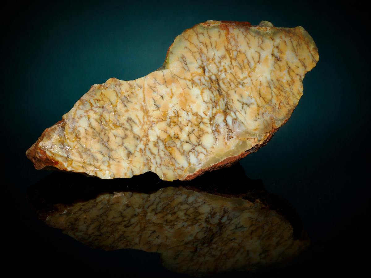 Yellow dendritic opalite specimen, patterned exposed face