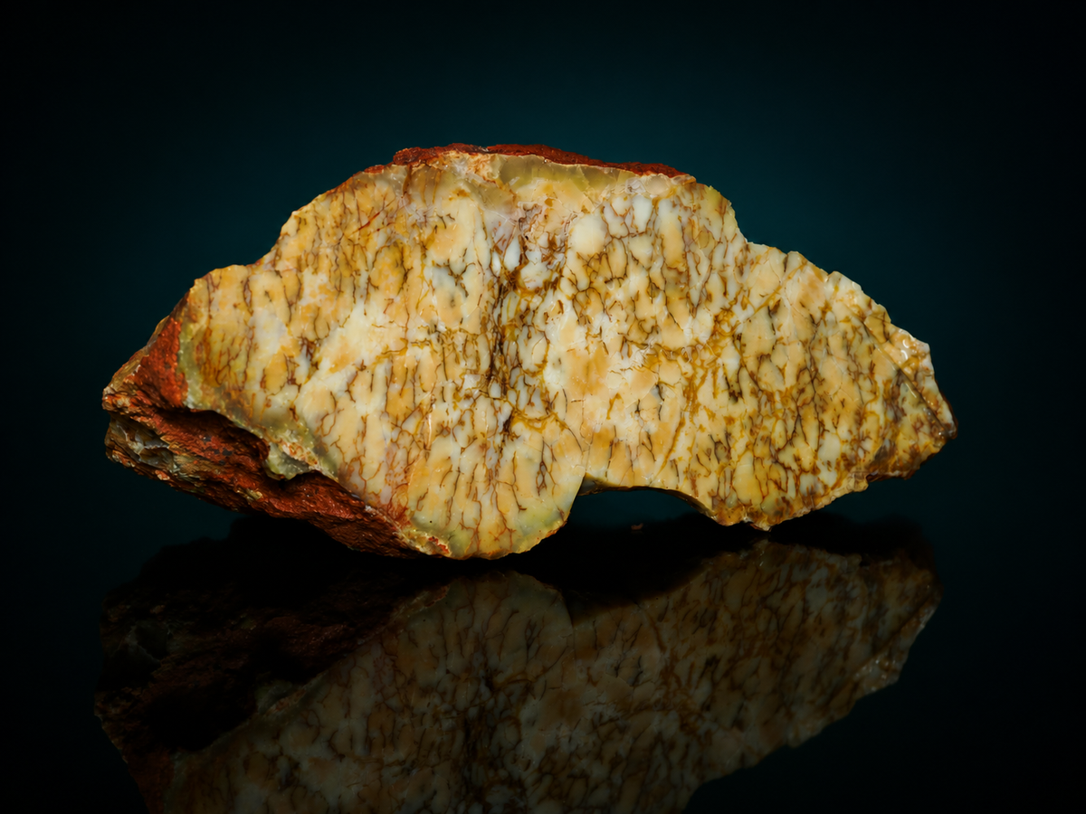 Yellow dendritic opalite specimen, side display view